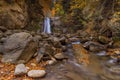 Long exposure view of the beautiful PrunceaÃ¢â¬âCaÃÅ¸oca Waterfall with fallen leaves in an autumn landscape